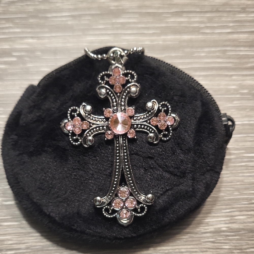 Pink Crystal Cross Pendant Necklace - Women Jewelry - Picture 1 of 5